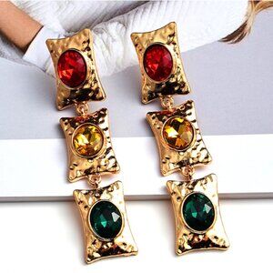 Long Statement Drop Earrings Gold tone Red Yellow Green
